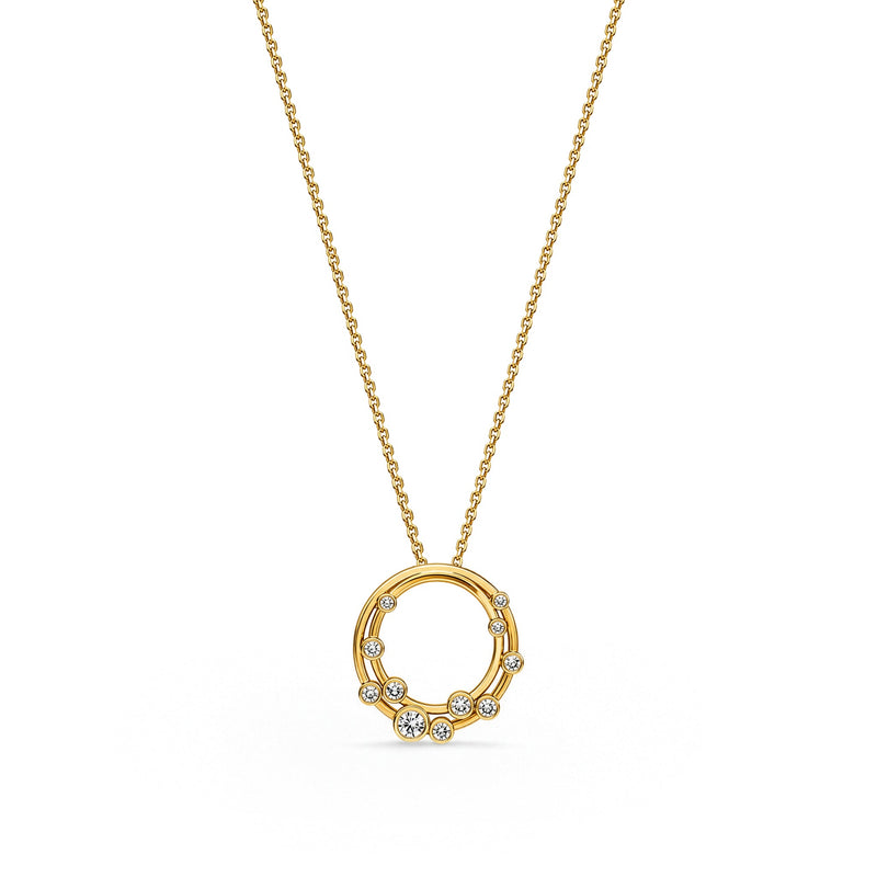 18ct Yellow Gold Rubover Round Natural Diamond Bubble Double Circle Slider Pendant — 18mm