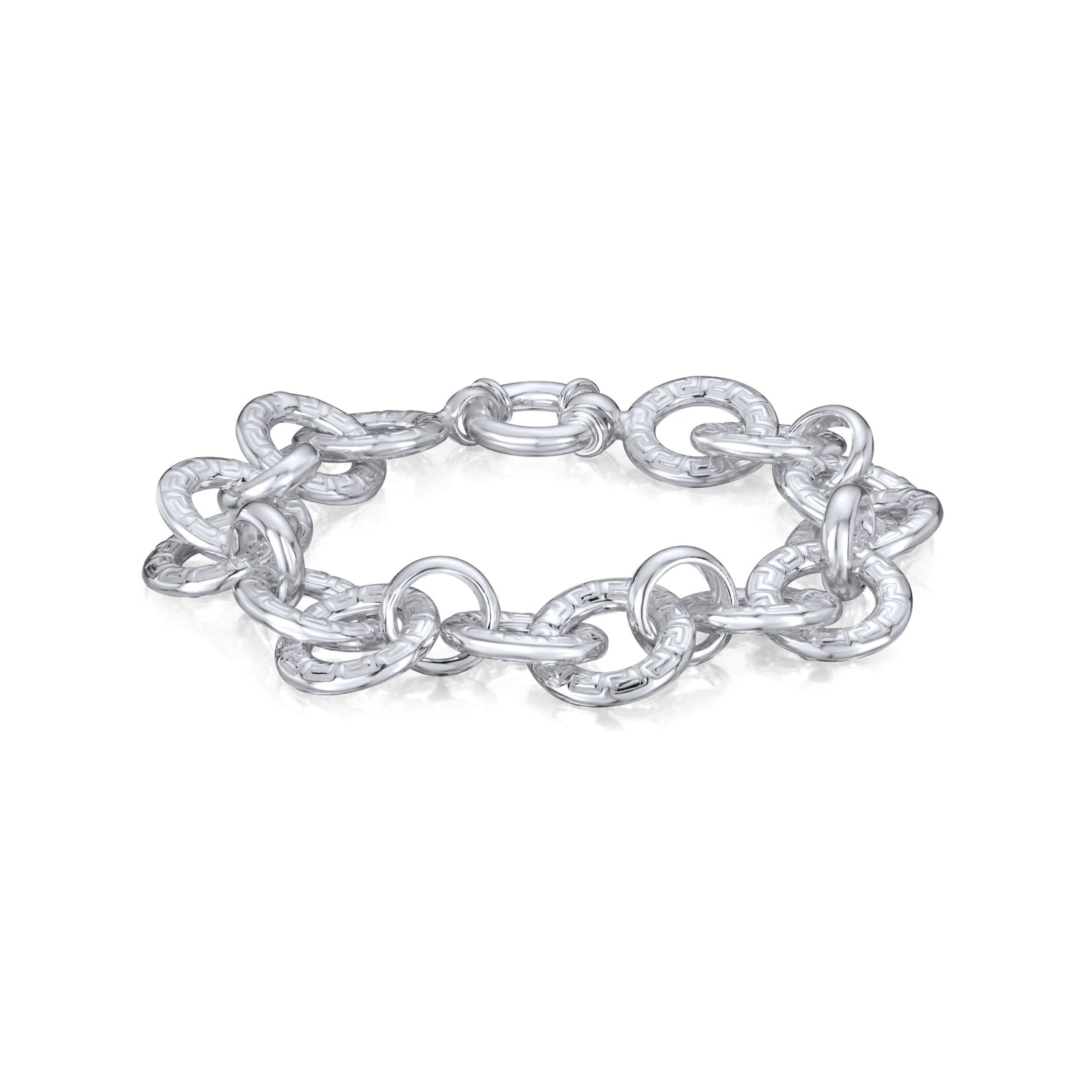Sterling Silver Handmade Solid 18mm Round Greek Key Link Bracelet