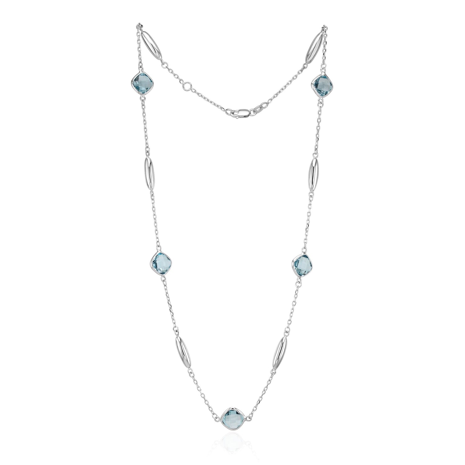 9ct White Gold Bar & 8mm Swiss Blue Topaz Cushion Necklace
