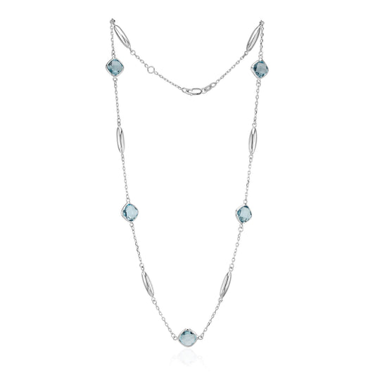 9ct White Gold Bar and 8mm Natural Swiss Blue Topaz Cushion Necklace