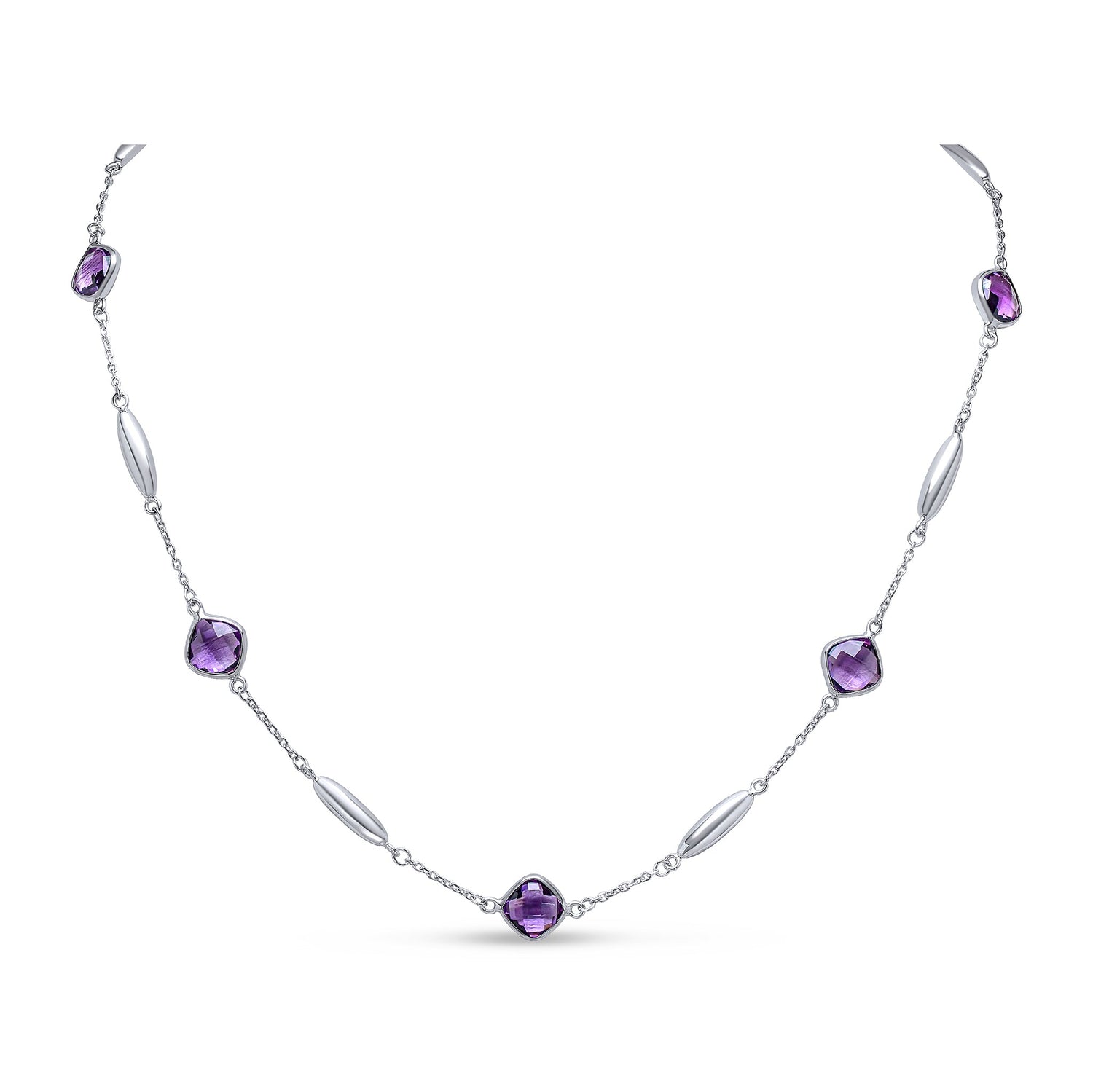 9ct White Gold Checkerboard Cushion Amethyst & Polished Torpedo Motif Chain Necklace