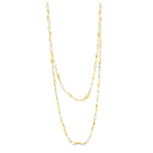 9ct Yellow Gold Polished Twist Bar and Cultured Freshwater Pearl Necklace — 24"