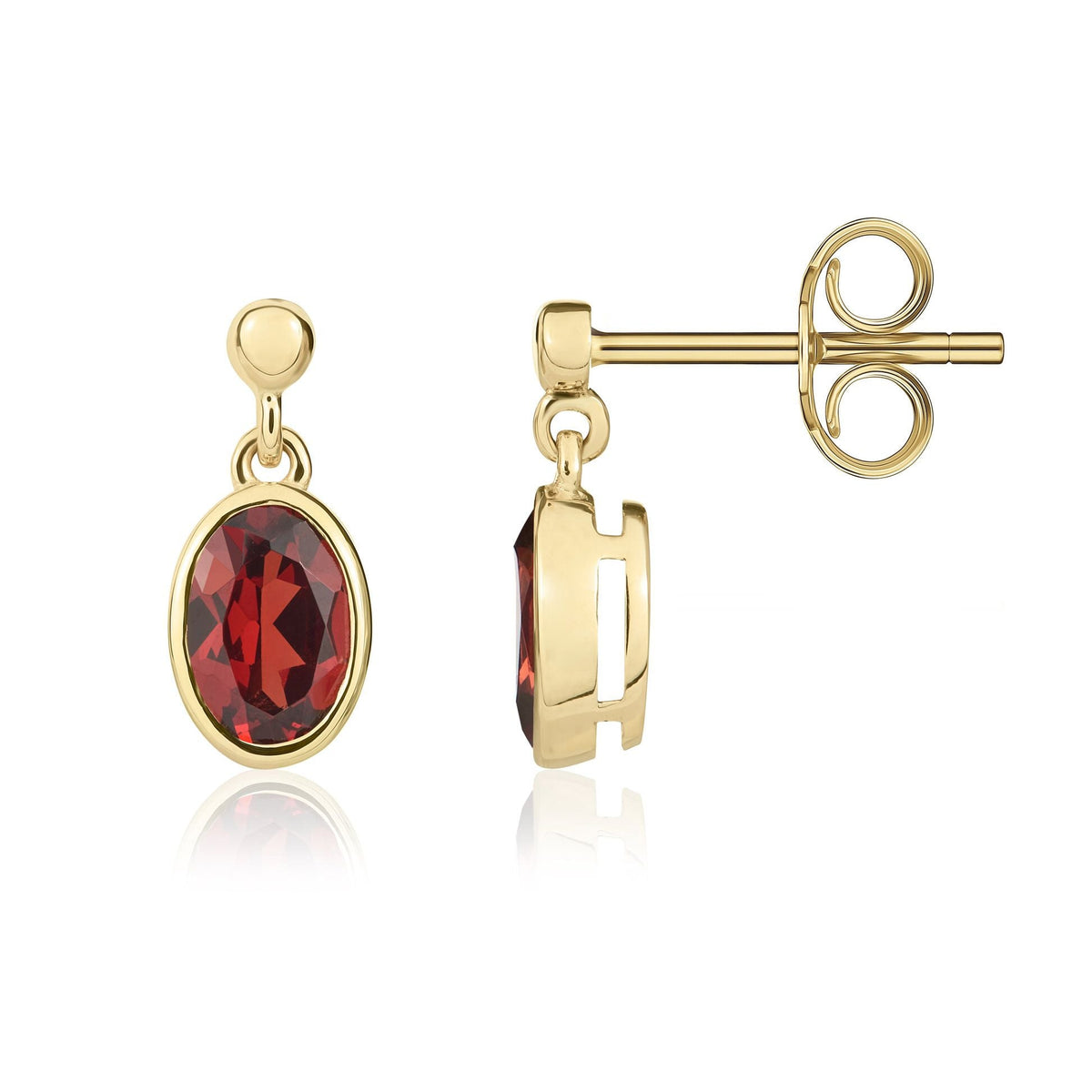 9ct Yellow Gold Oval Natural Garnet Rubover Drop Earrings — 6x4mm