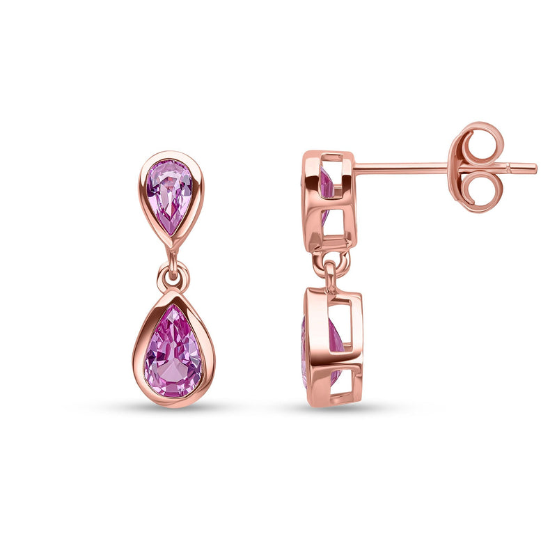9ct Rose Gold Pear Shaped Natural Pink Sapphire Two Stone Rubover Drop Earrings