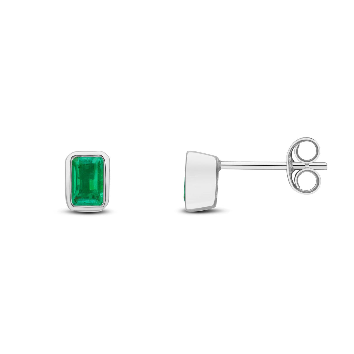 9ct White Gold Octagonal Emerald Cut Natural Emerald Rubover Stud Earrings — 5x3mm