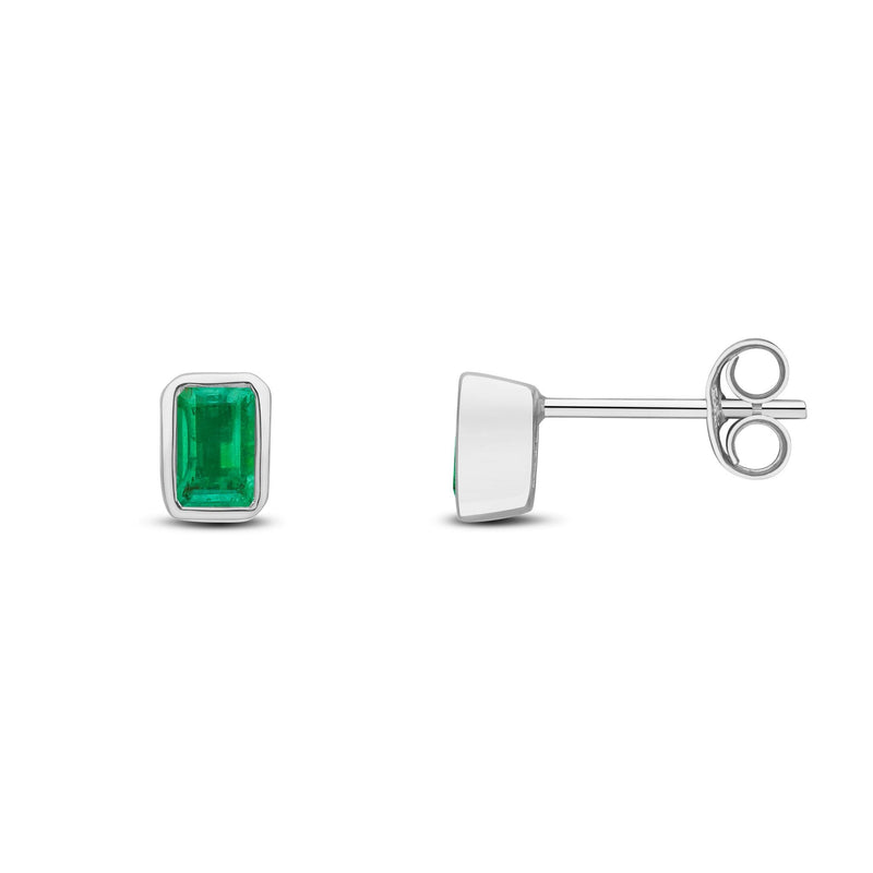 9ct White Gold Octagonal Emerald Cut Natural Emerald Rubover Stud Earrings — 5x3mm