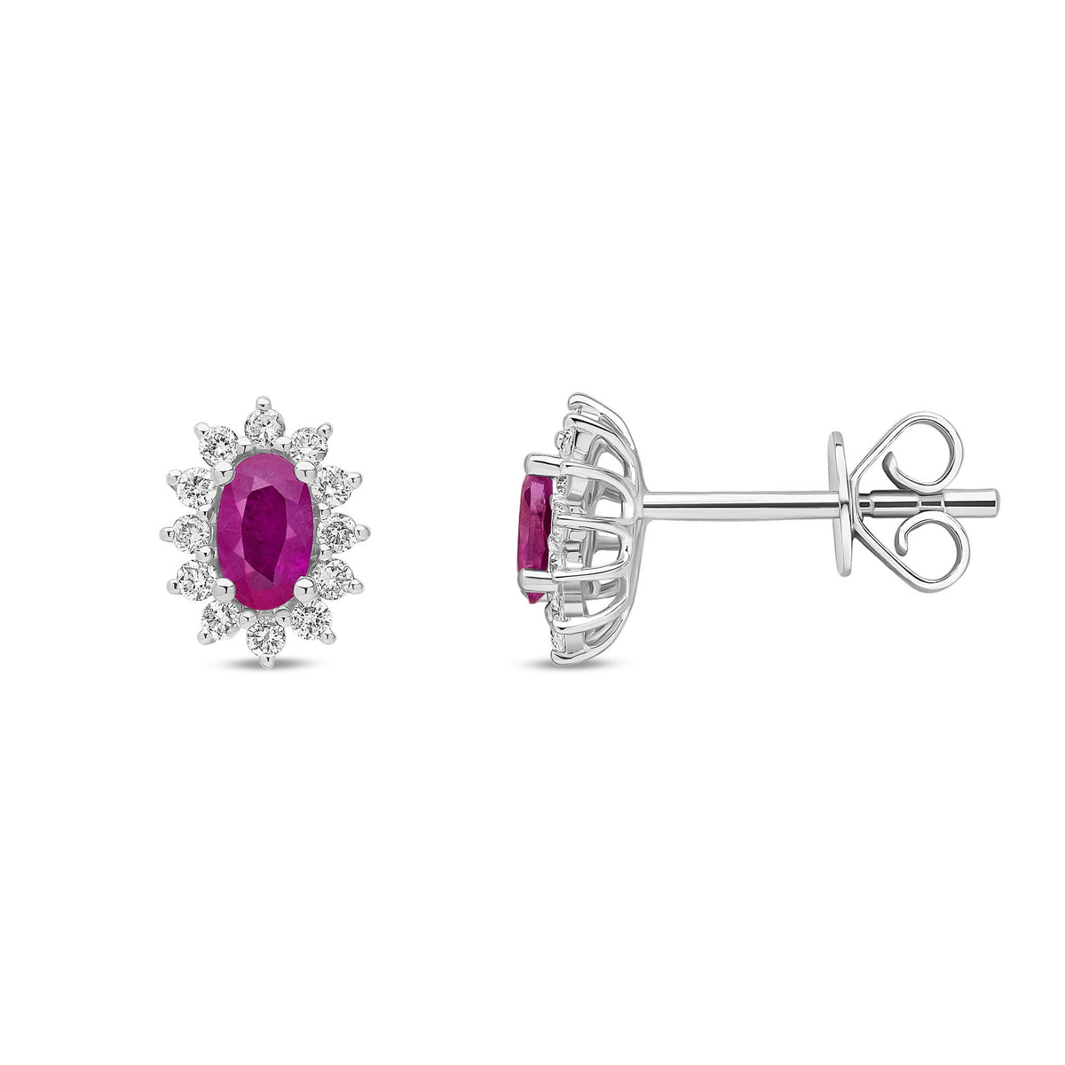 18ct White Gold Natural Ruby and Diamond Cluster Stud Earrings