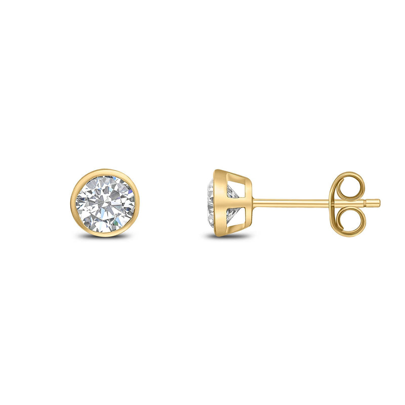 9ct Yellow Gold Round Cubic Zirconia CZ Rubover Stud Earrings — 5mm