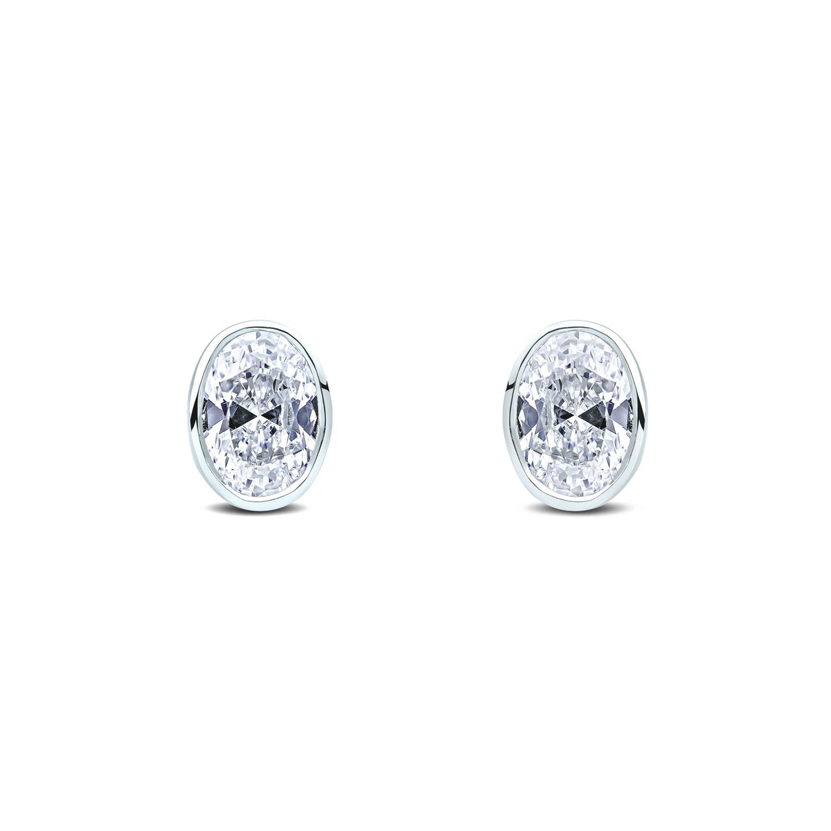 9ct White Gold Oval Cubic Zirconia CZ Rubover Stud Earrings — 7x5mm