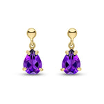 9ct Yellow Gold Pear Shaped Natural Amethyst Claw Drop Earrings — 7x5mm