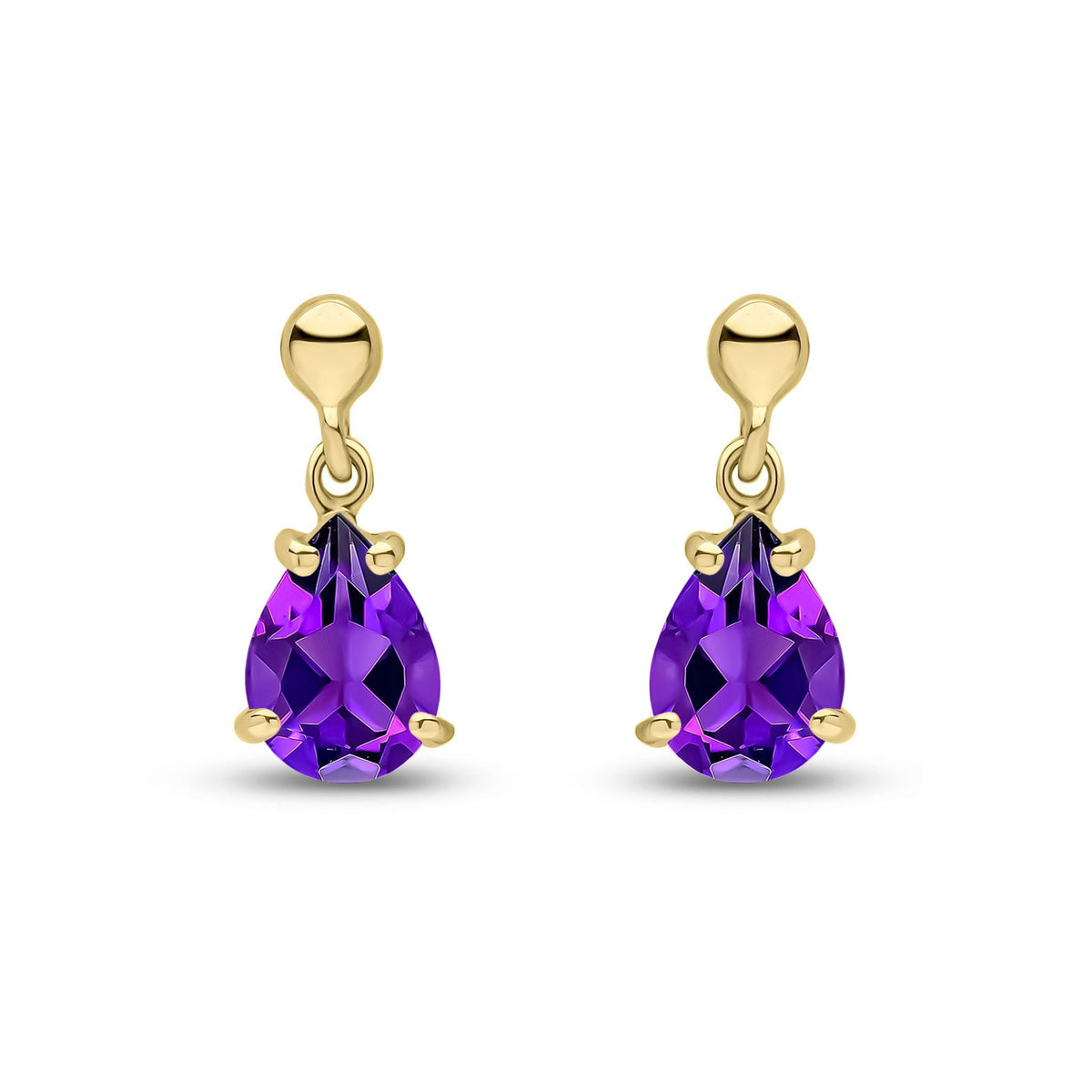 9ct Yellow Gold Pear Shaped Natural Amethyst Claw Drop Earrings — 7x5mm