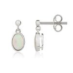 9ct White Gold Natural Oval Opal Rubover Drop Earrings — 6x4mm