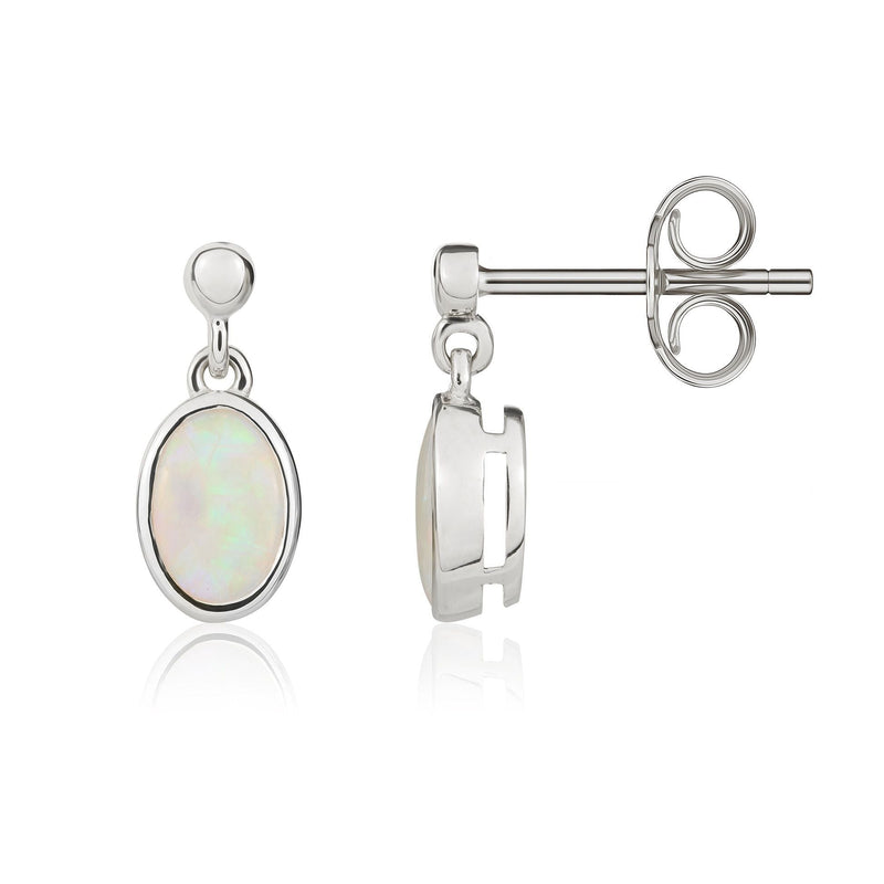 9ct White Gold Natural Oval Opal Rubover Drop Earrings — 6x4mm