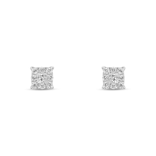 9ct White Gold Natural Diamond Princess Centre Square Cluster Stud Earrings