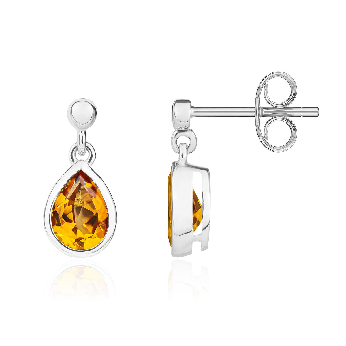 9ct White Gold Pear Shaped Natural Citrine Rubover Drop Earrings — 7x5mm