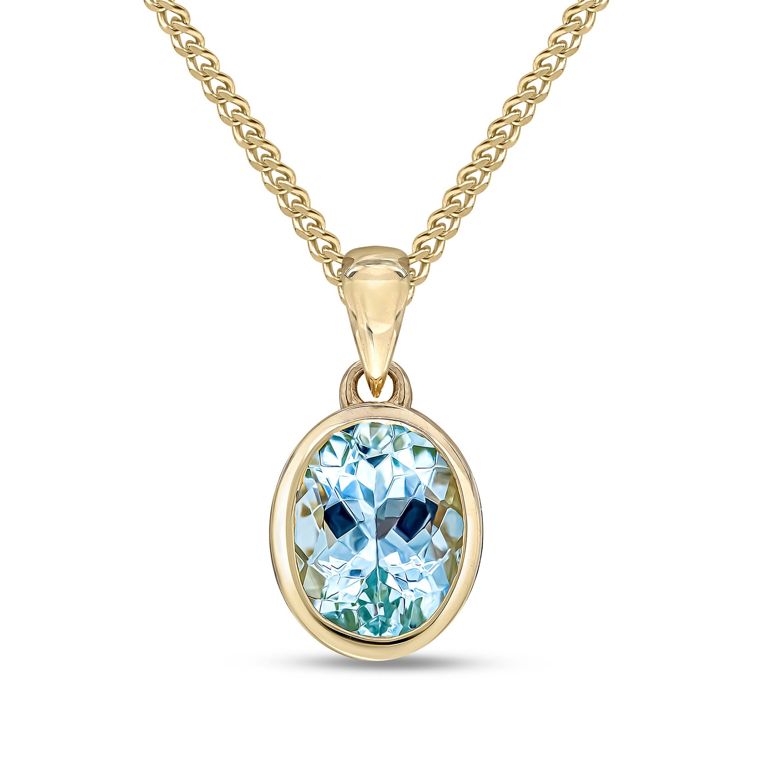 9ct Yellow Gold Rubover-Set Oval Natural Aquamarine Pendant — 9x7mm