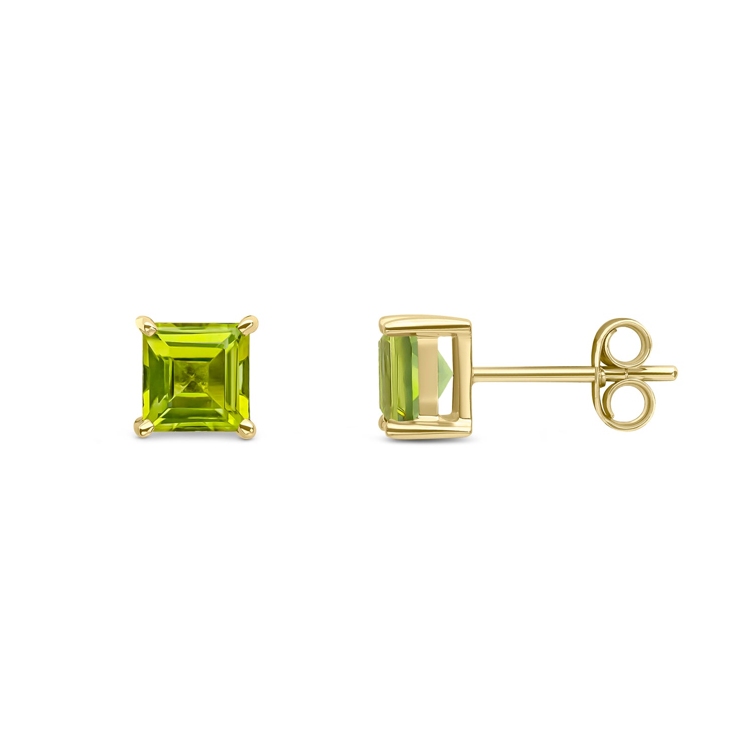 9ct Yellow Gold Square Natural Peridot Claw Stud Earrings - 5mm