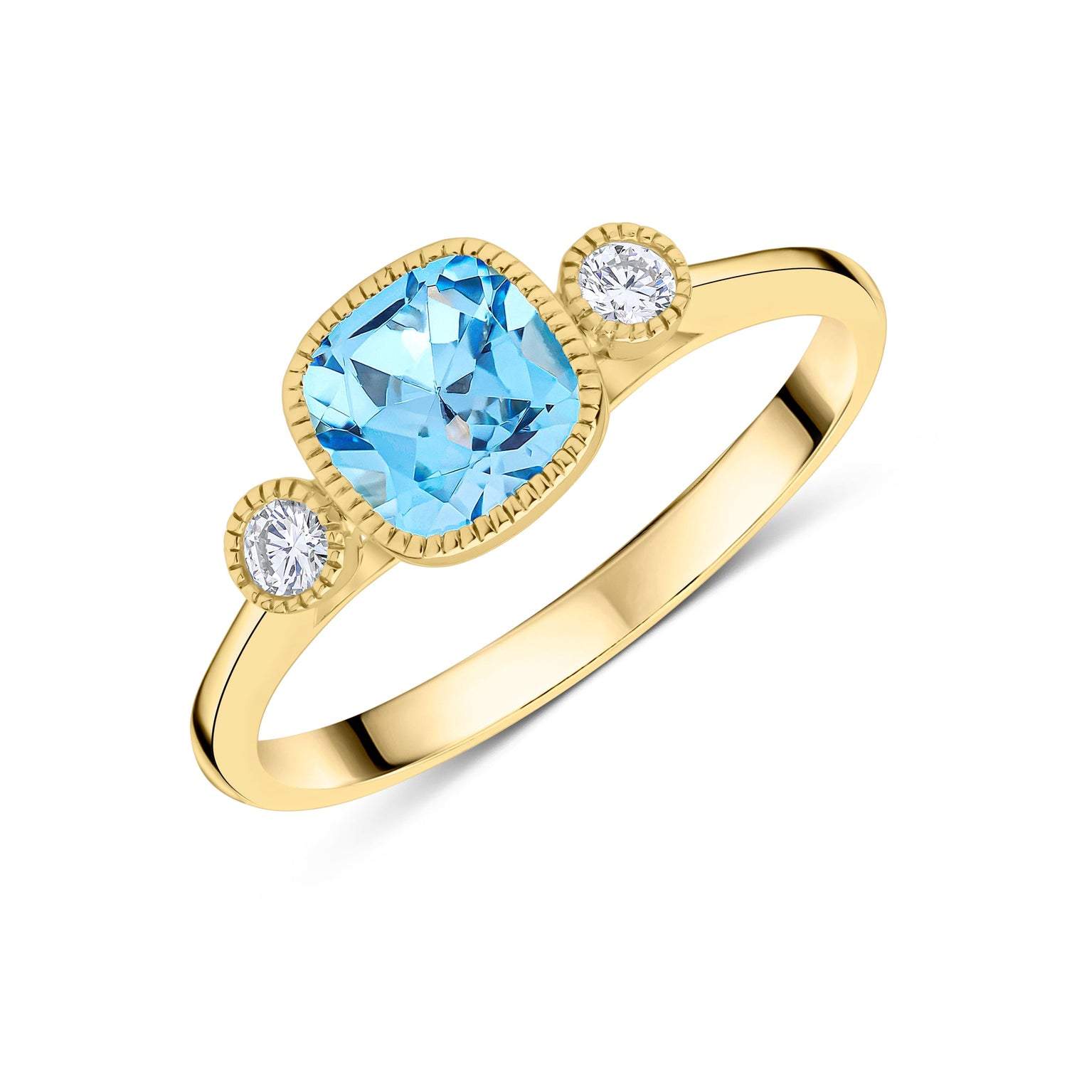 9ct Yellow Gold Cushion Natural Swiss Blue Topaz and Round Diamond Millegrain Set Three Stone Ring — 6mm