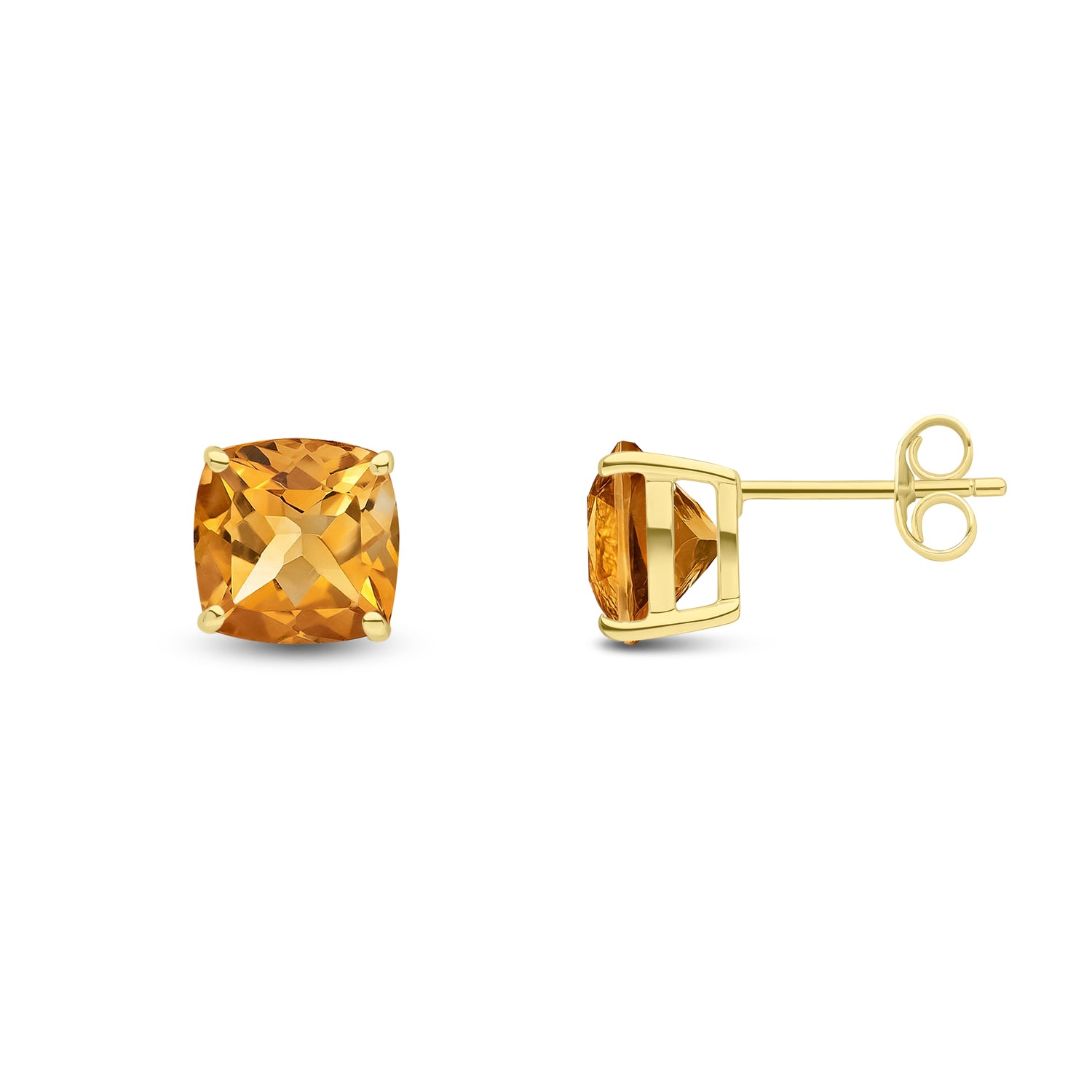 9ct Yellow Gold Cushion Natural Citrine Claw Stud Earrings — 8mm