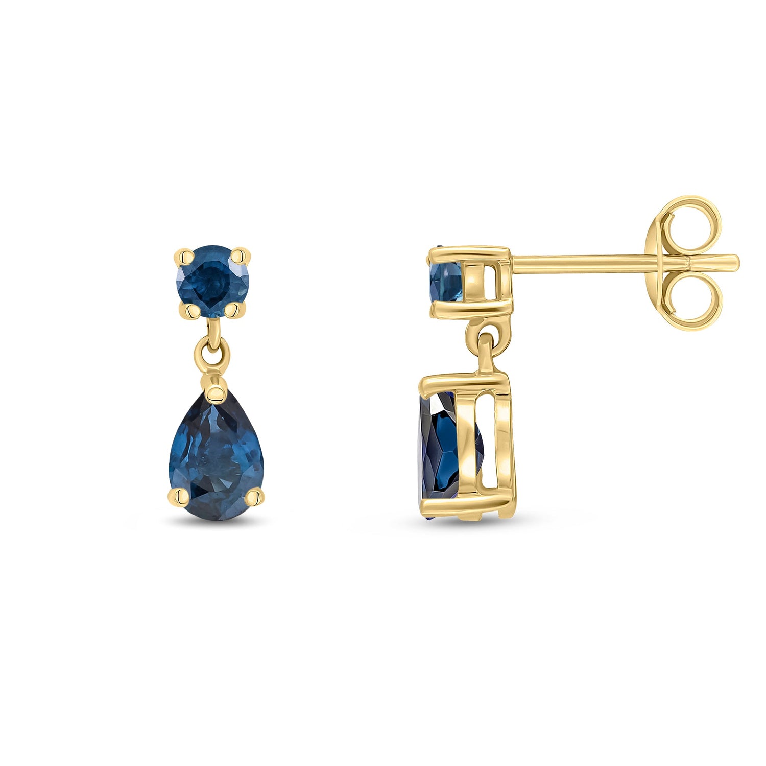 9ct Yellow Gold Round and Pear Shaped Natural Sapphire Two Stone Drop Earrings — 6x4mm