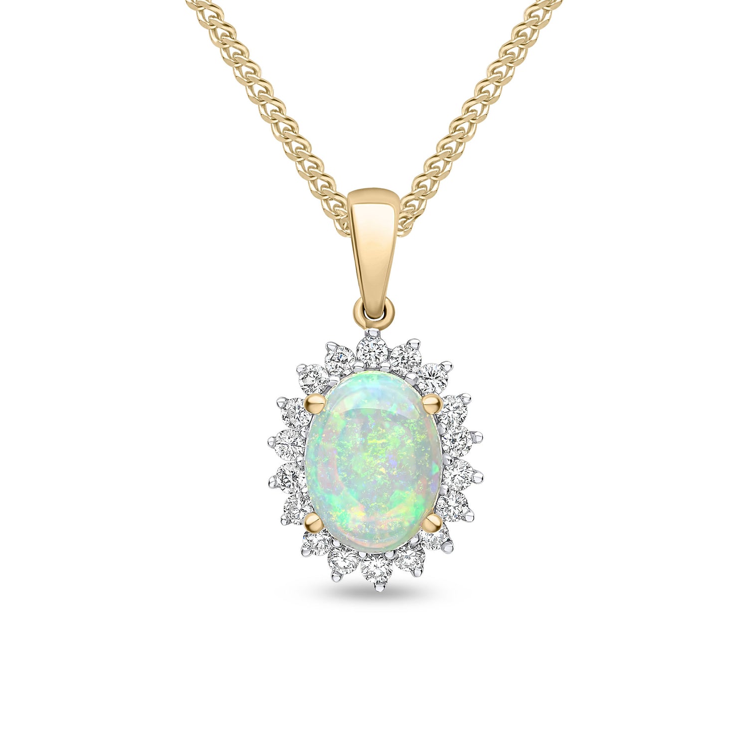 18ct Yellow Gold Oval Natural Opal and Round Diamond Claw Set Cluster Pendant — 8x6mm