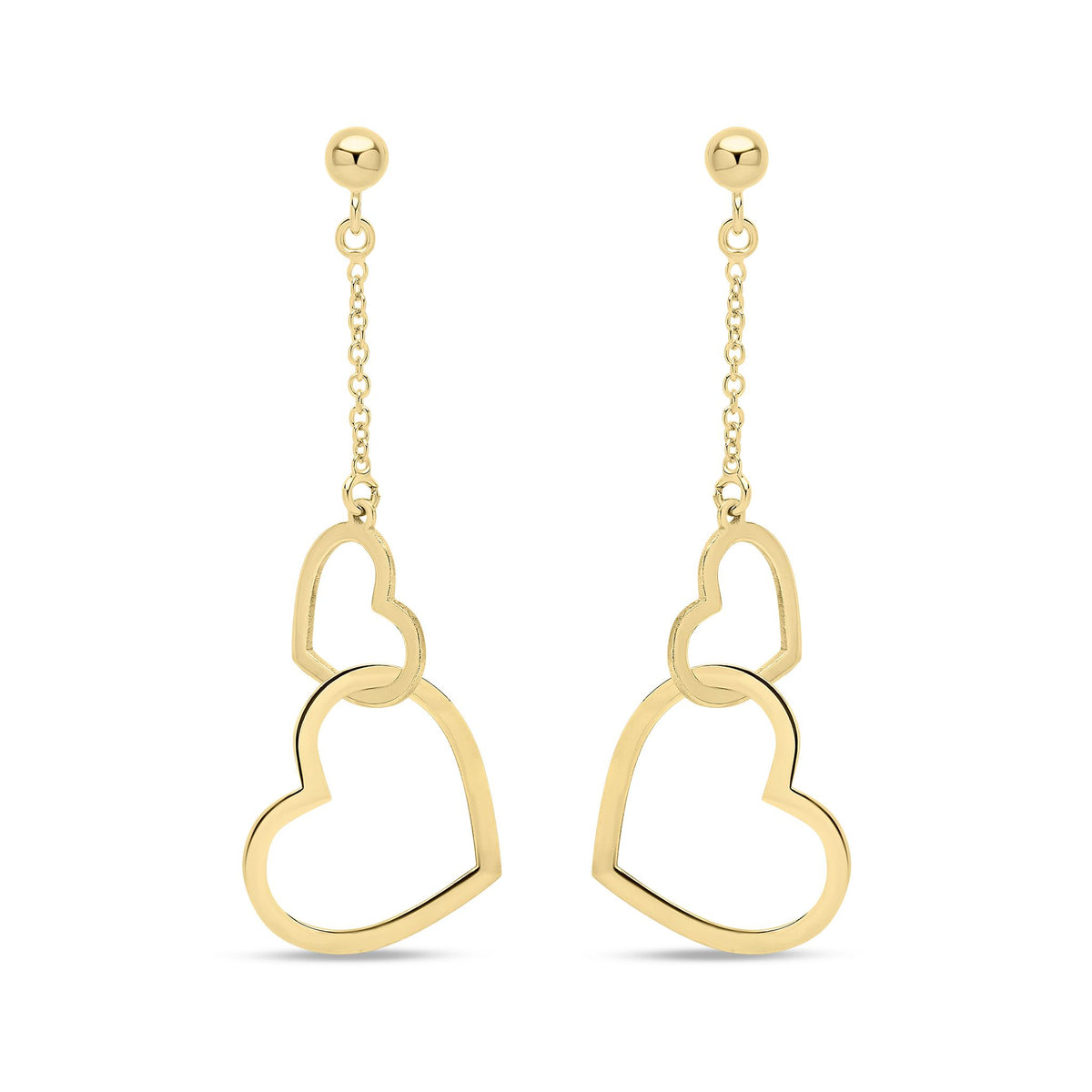 9ct Yellow Gold Double Open Heart Chain Drop Earrings