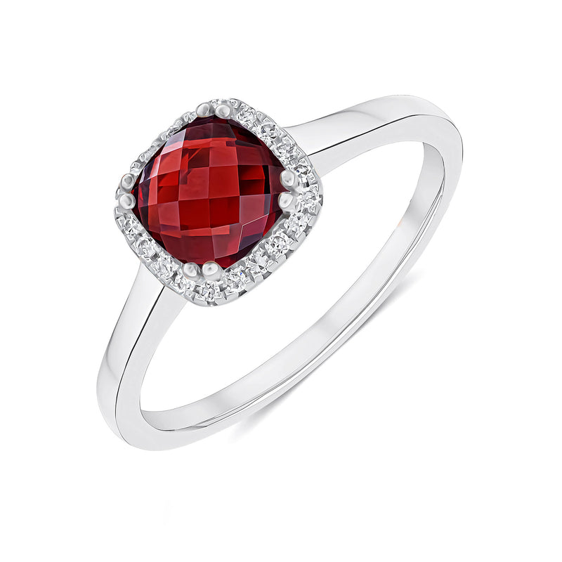 9ct White Gold Checkerboard Cut Cushion Natural Garnet & Natural Diamond Cluster Ring — 6mm