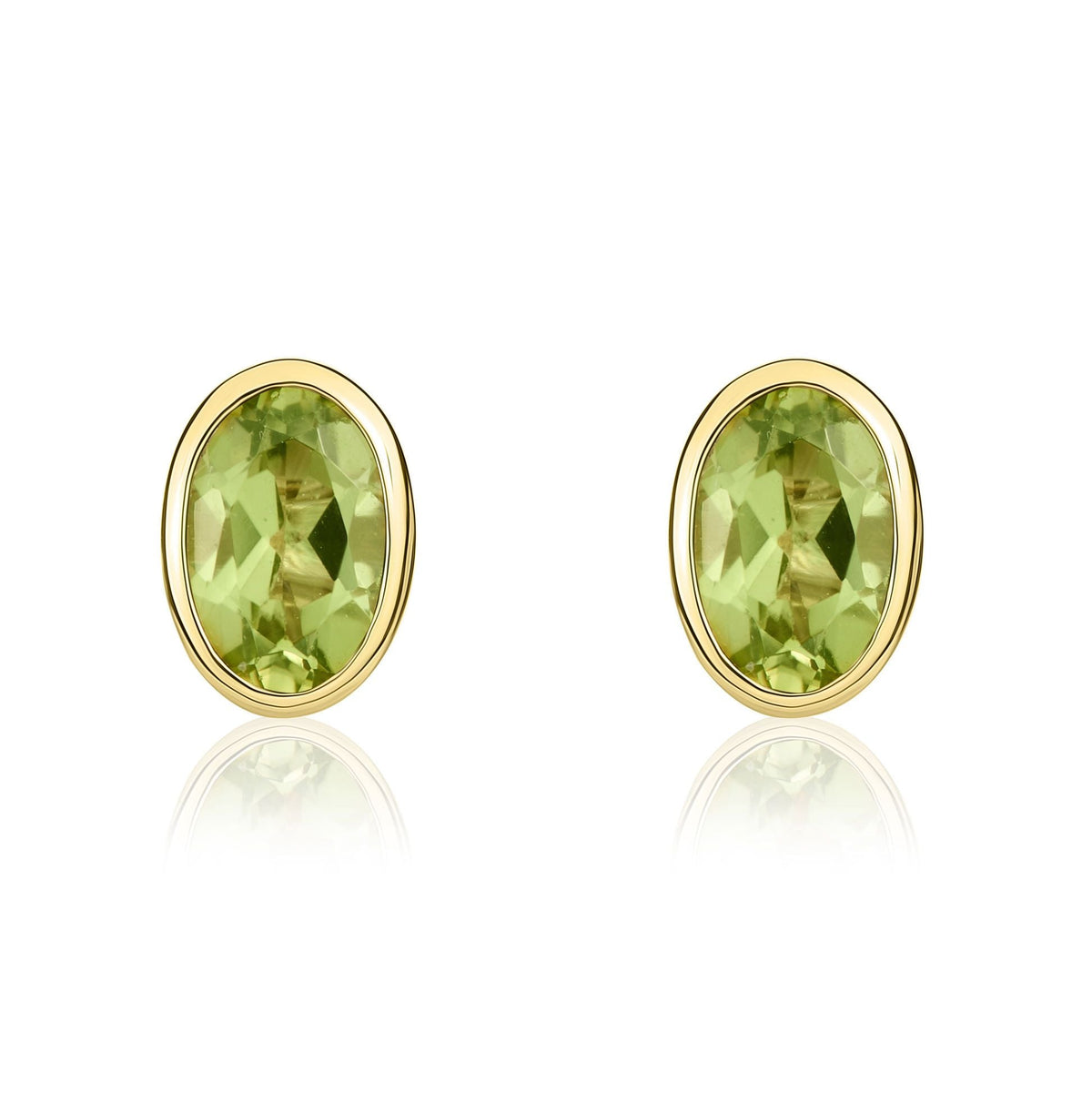 9ct Yellow Gold Oval Natural Peridot Rubover Stud Earrings — 6x4mm