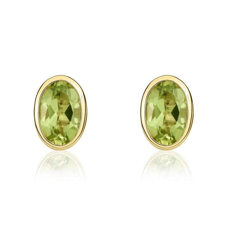 9ct Yellow Gold Oval Natural Peridot Rubover Stud Earrings — 6x4mm