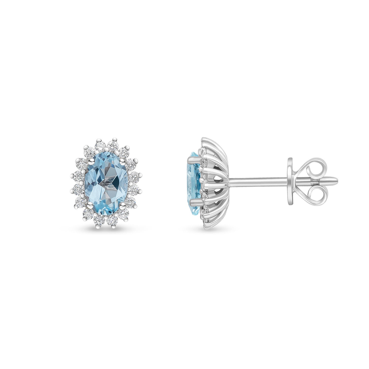 18ct White Gold Oval Natural Aquamarine and Round Diamond Claw Set Cluster Stud Earrings — 6x4mm