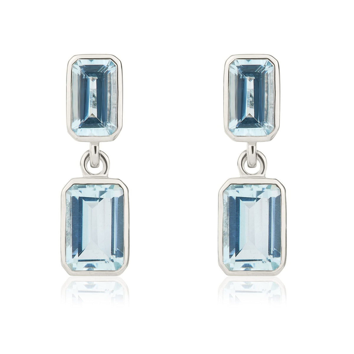 9ct White Gold Octagonal Emerald cut Natural Aquamarine Double Stone Rubover Drop Earrings