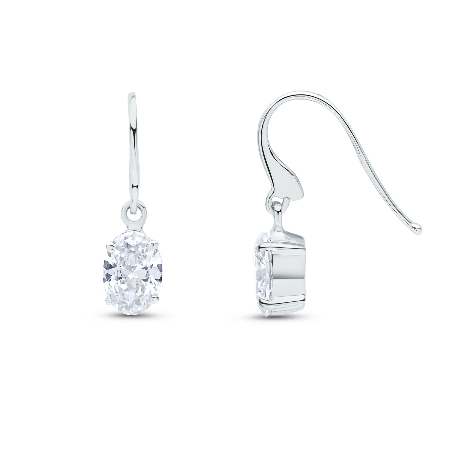 9ct White Gold Oval Cubic Zirconia CZ Claw Set Hook Drop Earrings — 7x5mm