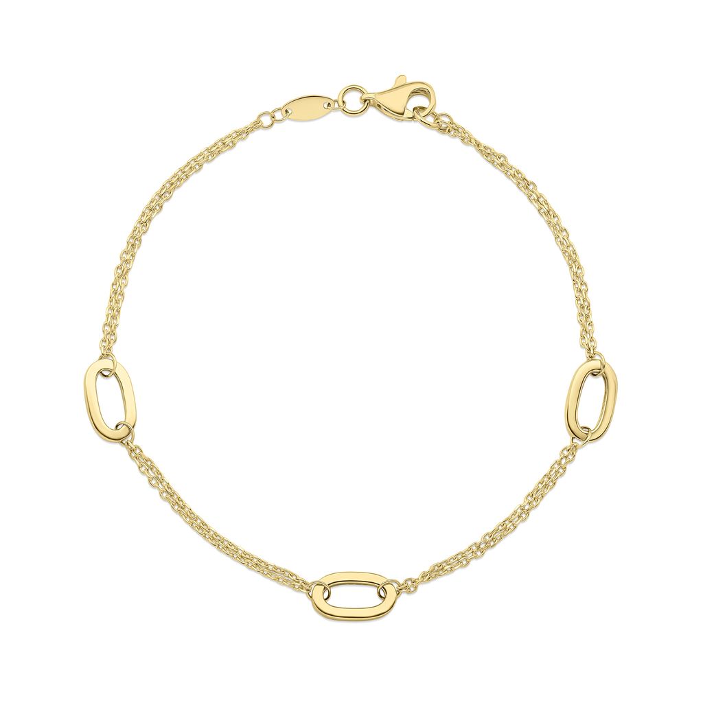9ct Yellow Gold Double Chain Paperclip Link Station Bracelet