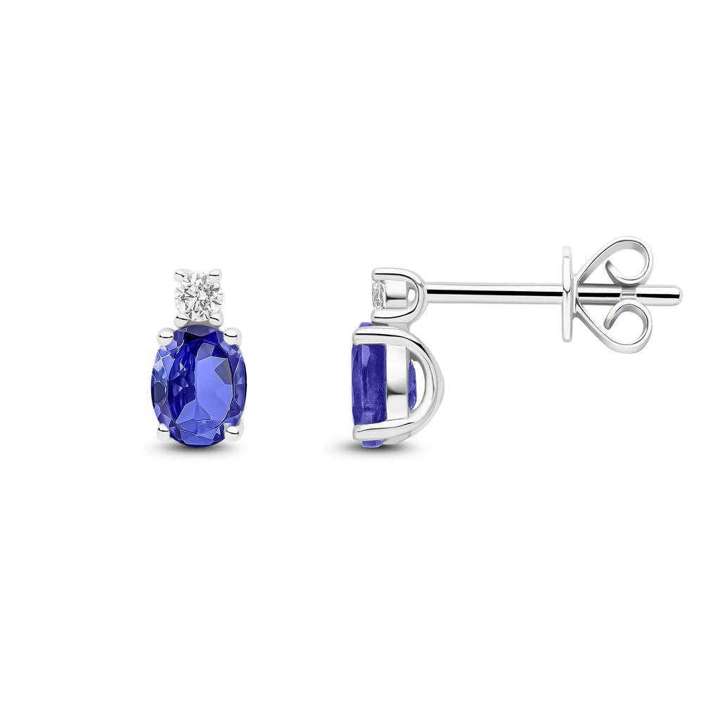 18ct White Gold Oval Natural Tanzanite and Round Diamond Two Stone Stud Earrings — 5x4mm