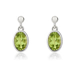 9ct White Gold Oval Natural Peridot Rubover Drop Earrings — 6x4mm