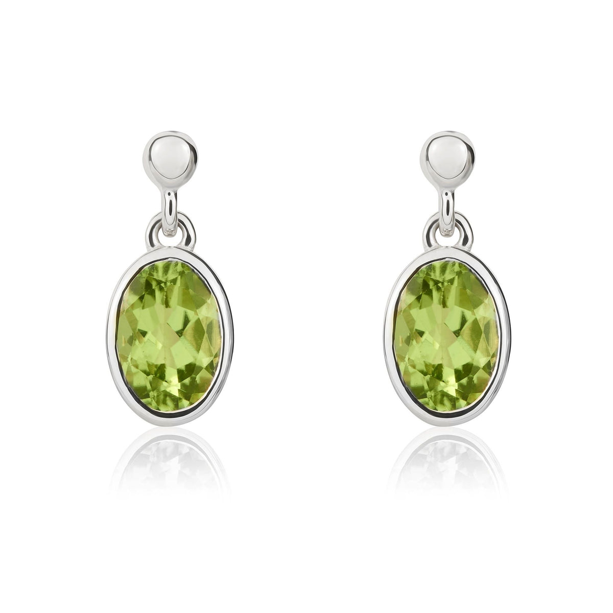 9ct White Gold Oval Natural Peridot Rubover Drop Earrings — 6x4mm