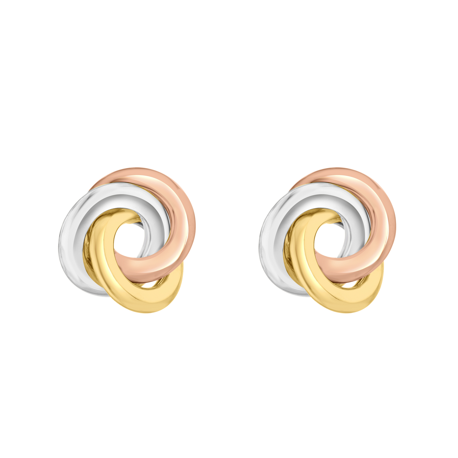 9ct Three Tone Yellow, White and Rose Gold Polished Flat Swirl Knot Stud Earrings