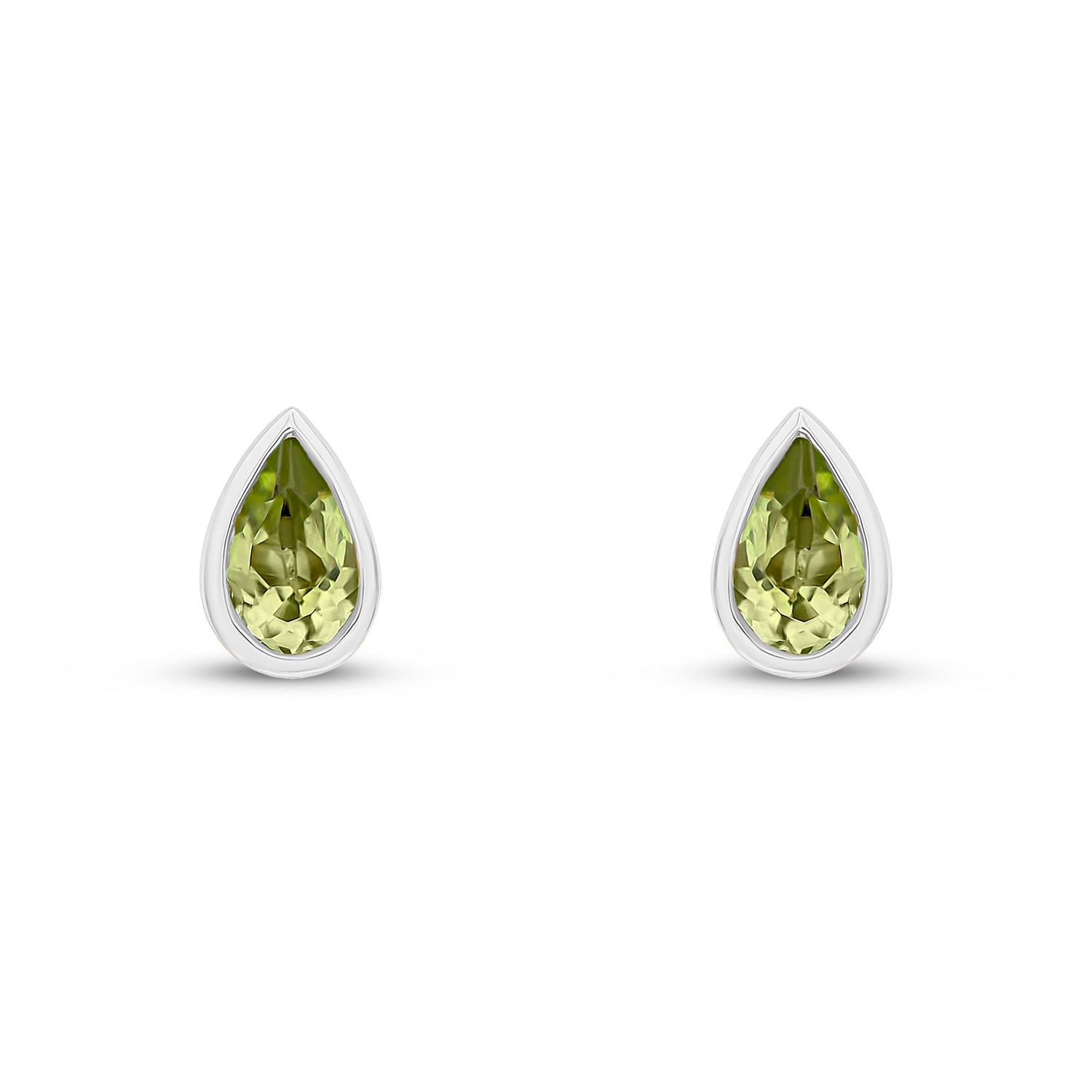 9ct White Gold Pear Shaped Natural Peridot Rubover Stud Earrings — 5x3mm