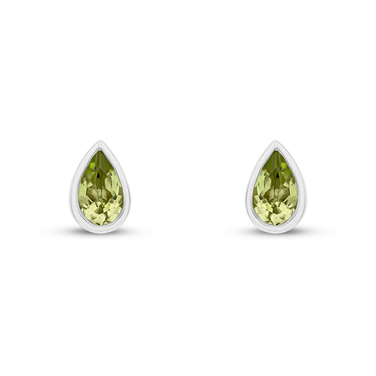 9ct White Gold Pear Shaped Natural Peridot Rubover Stud Earrings — 5x3mm