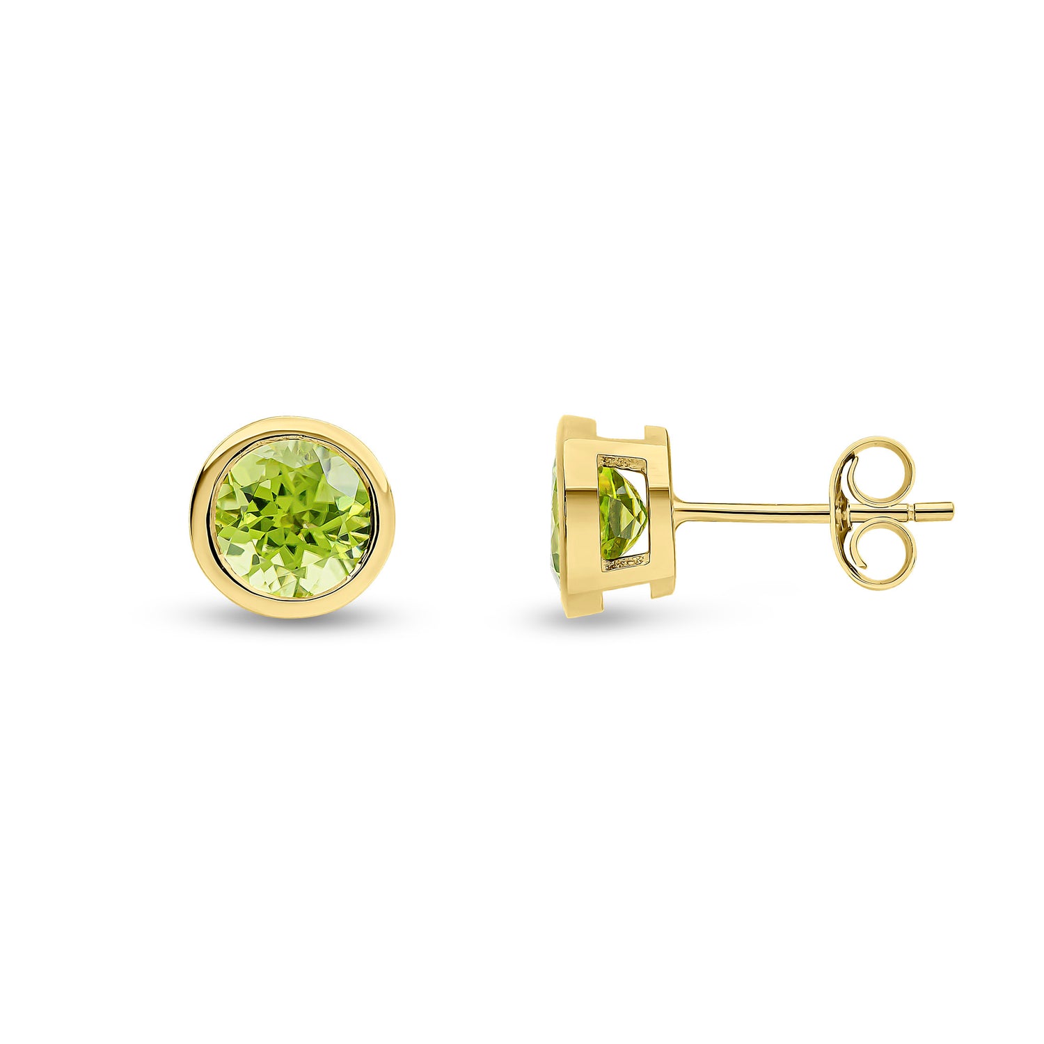 9ct Yellow Gold Round Natural Peridot Rubover Stud Earrings — 6mm