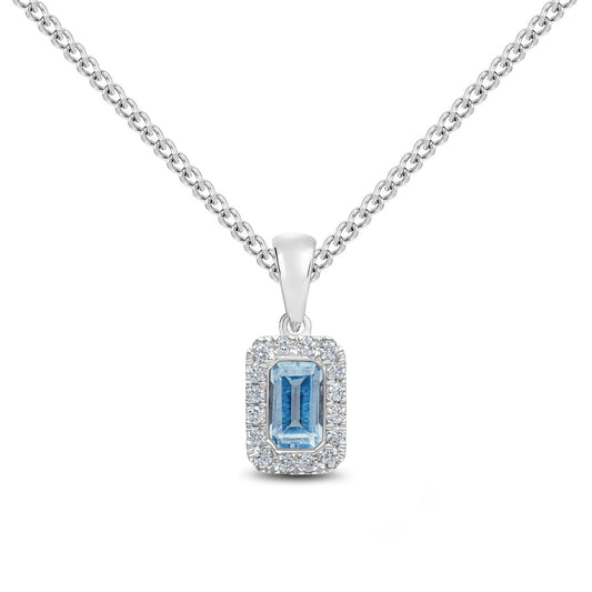 18ct White Gold Octagonal Emerald Cut Natural Aquamarine and Round Diamond Microset Cluster Pendant — 5x3mm