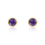 9ct Yellow Gold Round Natural Amethyst Rubover Stud Earrings — 3mm