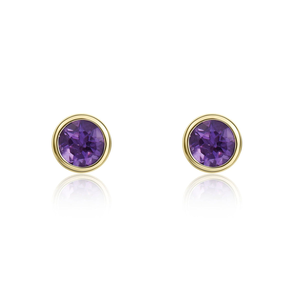 9ct Yellow Gold Round Natural Amethyst Rubover Stud Earrings — 3mm