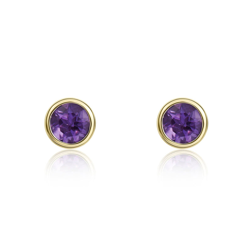 9ct Yellow Gold Round Natural Amethyst Rubover Stud Earrings — 3mm