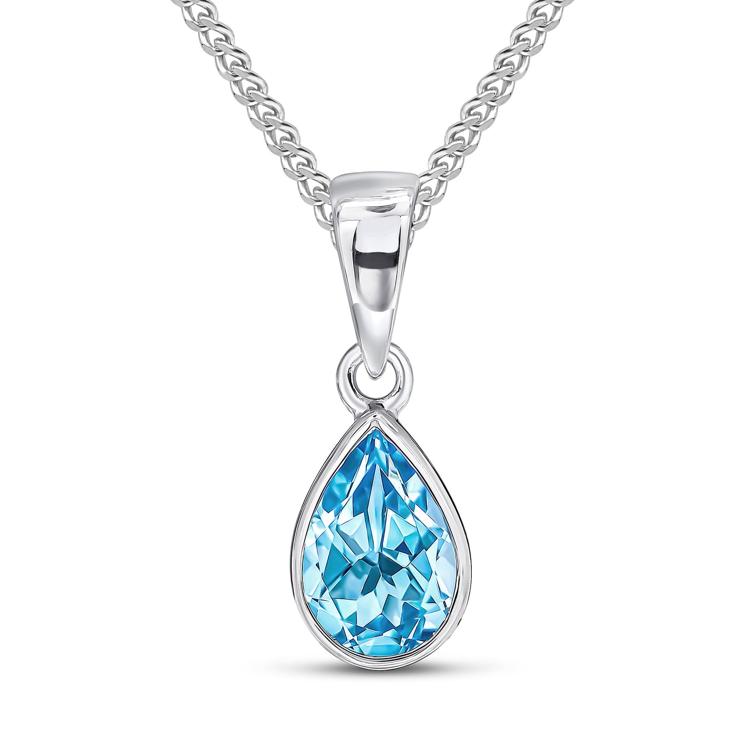9ct White Gold Pear Shaped Natural Swiss Blue Topaz Rubover Pendant — 7x5mm
