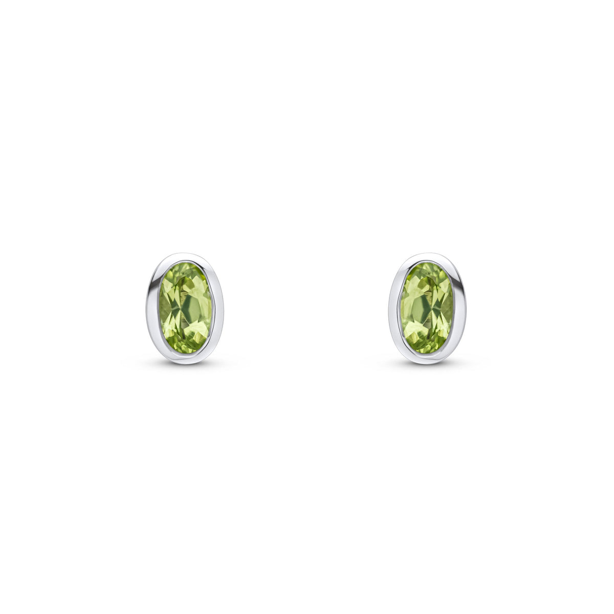 9ct White Gold Oval Natural Peridot Rubover Stud Earrings — 5x3mm