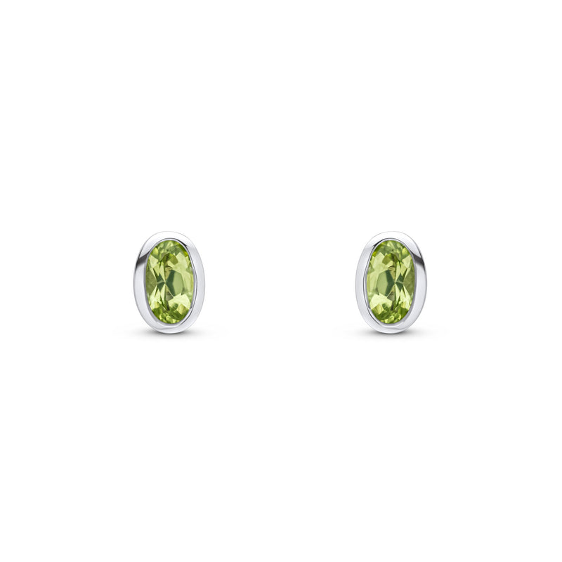 9ct White Gold Oval Natural Peridot Rubover Stud Earrings — 5x3mm