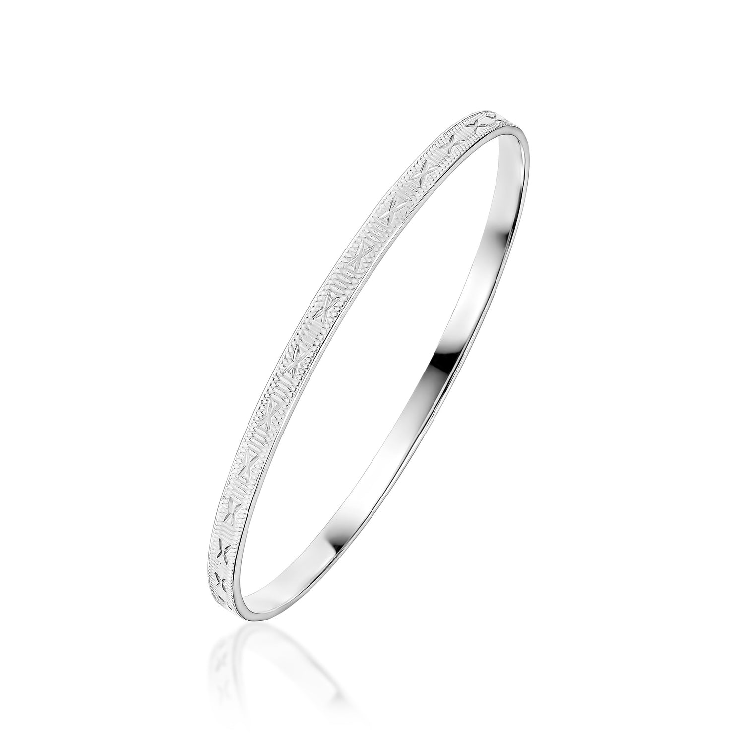 Sterling Silver Solid 4mm Diamond Cut Leaf Pattern Bangle