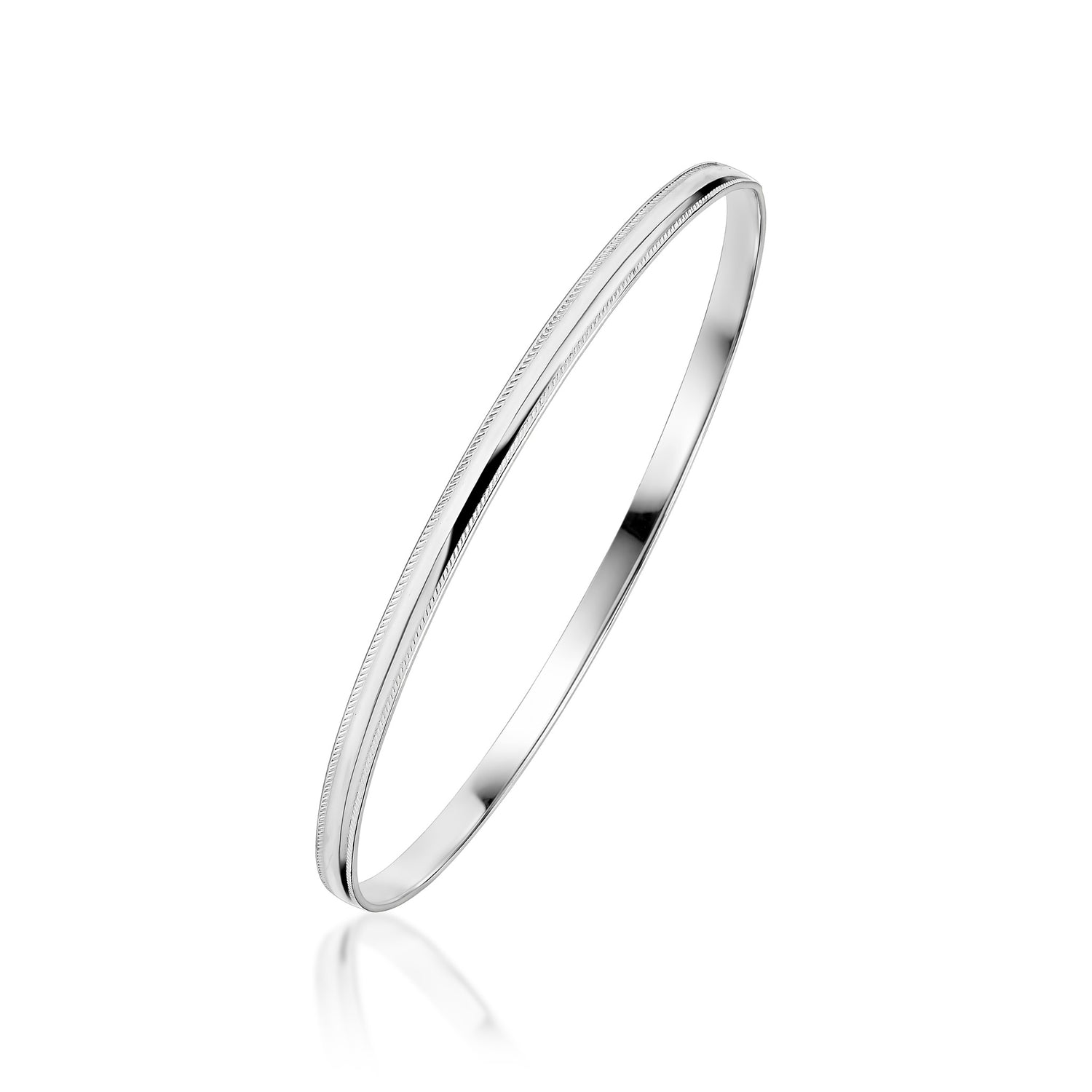 Sterling Silver Solid Beaded Edge D-Shape Profile Bangle