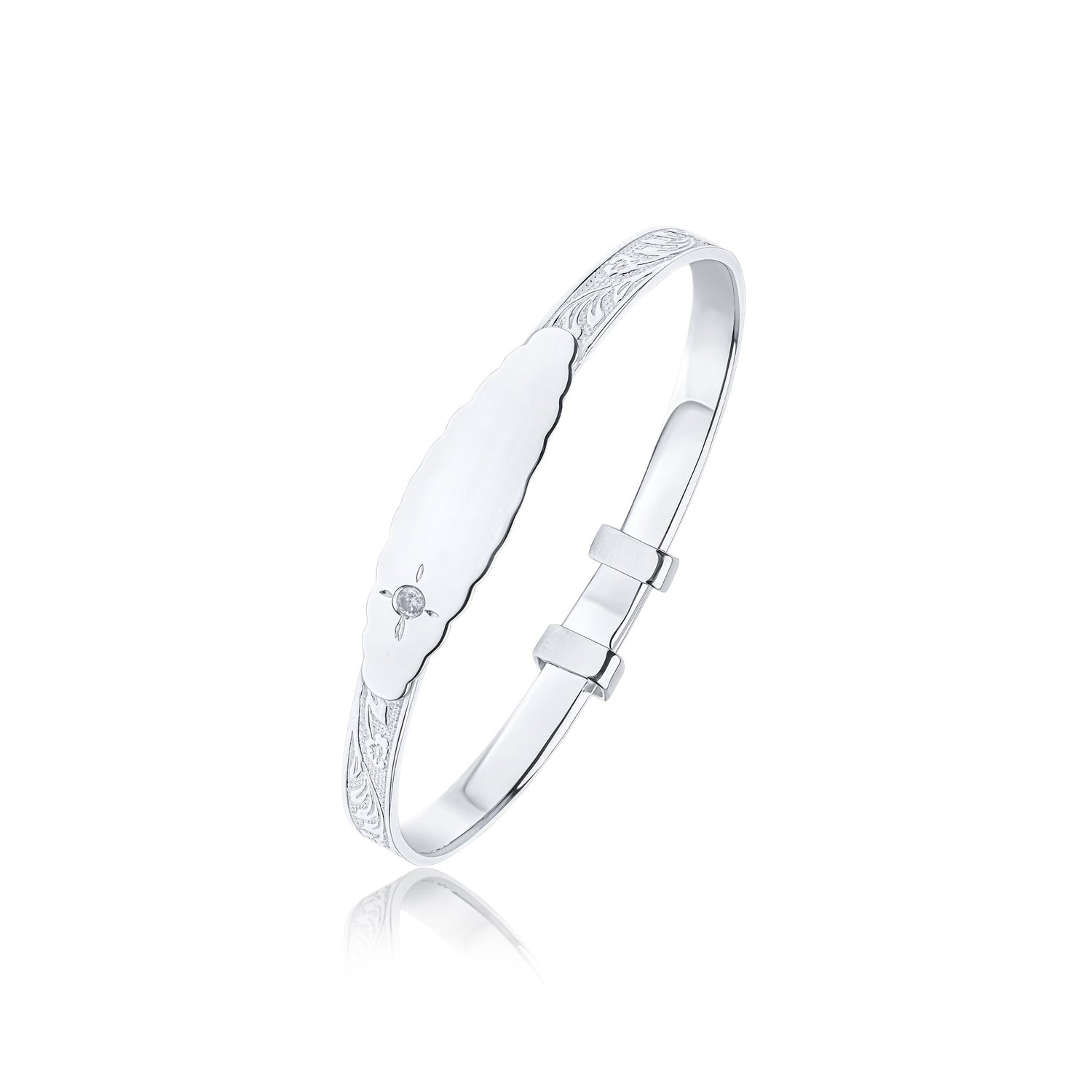 Sterling Silver Floral Engraved Baby Bangle with white Cubic Zirconia